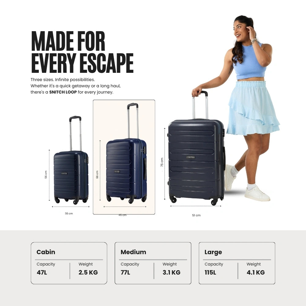Set of three navy 4-wheel polypropylene suitcases shown in front and side views
