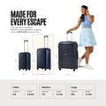 Set of three navy 4-wheel polypropylene suitcases shown in front and side views