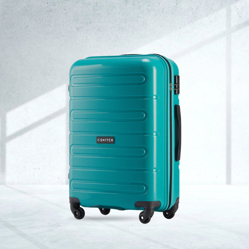 Teal polypropylene check-in trolley with 4 wheels and side handle, ridged shell