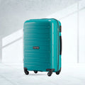 Teal polypropylene check-in trolley with 4 wheels and side handle, ridged shell