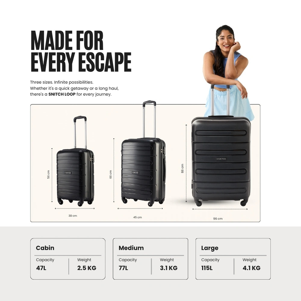 Black 4-wheel trolley set of 3 polypropylene suitcases: cabin, medium, large