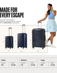 Navy 4-wheel trolley set of 3 polypropylene suitcases: cabin, medium, large