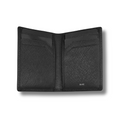 Black slim leather card holder open, displaying multiple card slots