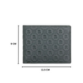Green leather bi-fold wallet with embossed monogram pattern and stitched border