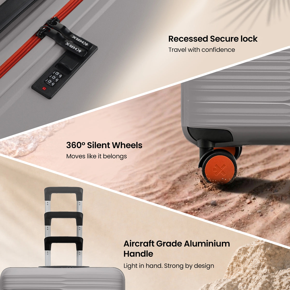 Grey suitcase details: recessed secure lock, 360° silent wheels, aircraft-grade handle