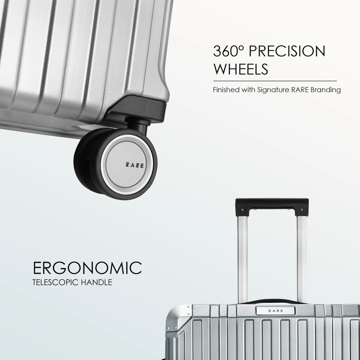 Silver polycarbonate suitcase wheel with black guard and rotating hub