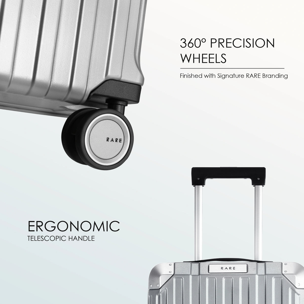 Polycarbonate cabin suitcase with 360° precision wheels and side carry handle