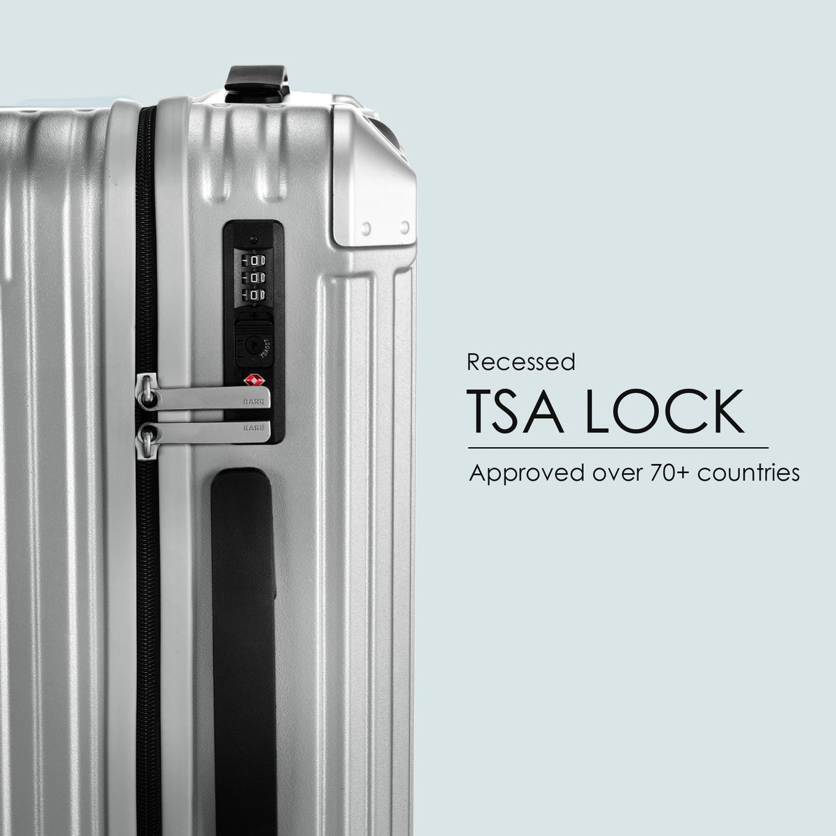Polycarbonate suitcase with recessed TSA lock and side security panel