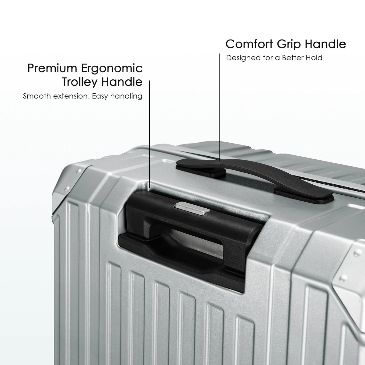 Polycarbonate suitcase top comfort grip handle with recessed handle pull