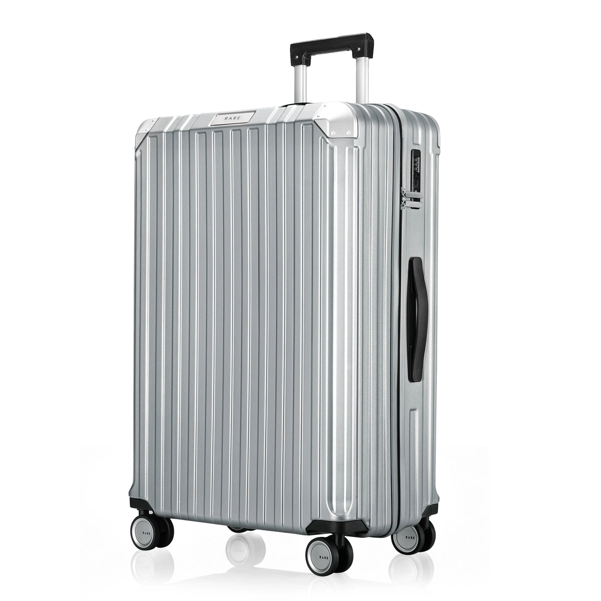 Large silver hard-shell suitcase with telescopic handle and side grip handle