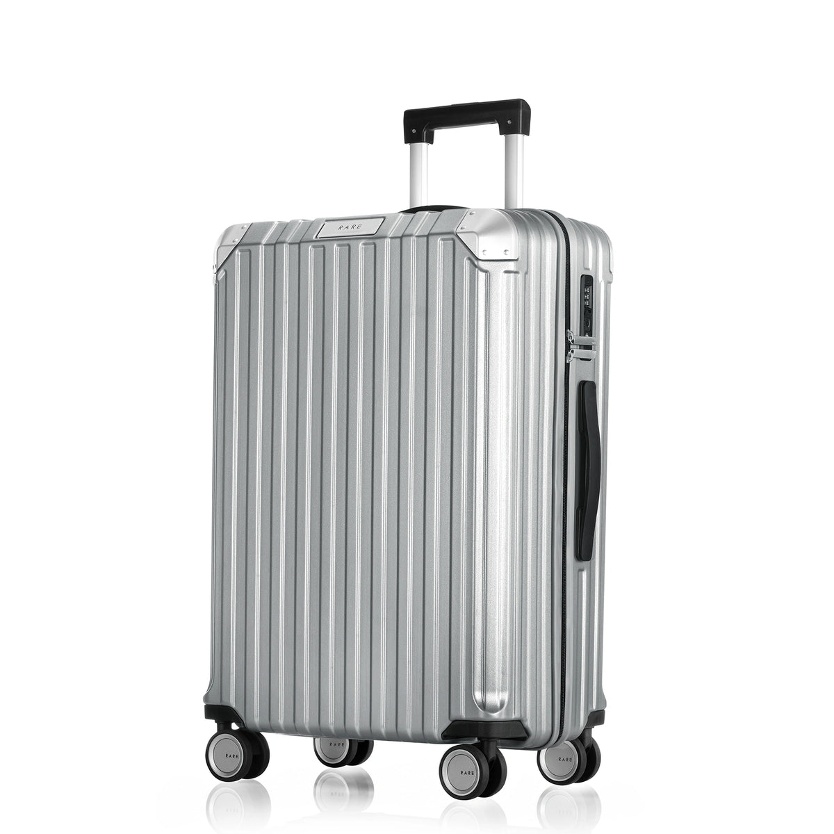 Medium silver polycarbonate suitcase with telescopic handle and 8 spinner wheels