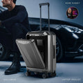 Carbon fibre black polycarbonate laptop cabin trolley, front open panel and upright handle