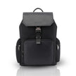 Black backpack with structured top flap, front strap buckle, and side zip pockets.