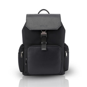 Black backpack with structured top flap, front strap buckle, and side zip pockets.