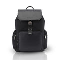 Black backpack with structured top flap, front strap buckle, and side zip pockets.