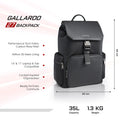 Black backpack with front organizer pocket and secure top flap buckle; 35L size shown.