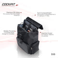 Black backpack interior view with tech compartment, hidden valuables pocket, and side access.