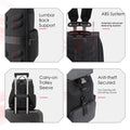 Black anti-theft backpack with padded lumbar support and ABS suspension system details.