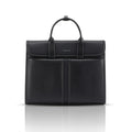 Carbon fiber black briefcase with structured front panels and fold-over top flap