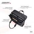 Black briefcase open to show padded compartments, pen slots, and internal pockets