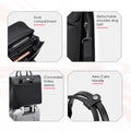 Black briefcase with detachable shoulder belt, concealed trolley sleeve, and carry handle