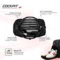 Black duffle bag opened to show inner compartments, pockets, and organizer