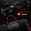 Black carbon-fiber duffle bag with top handles and zip closure