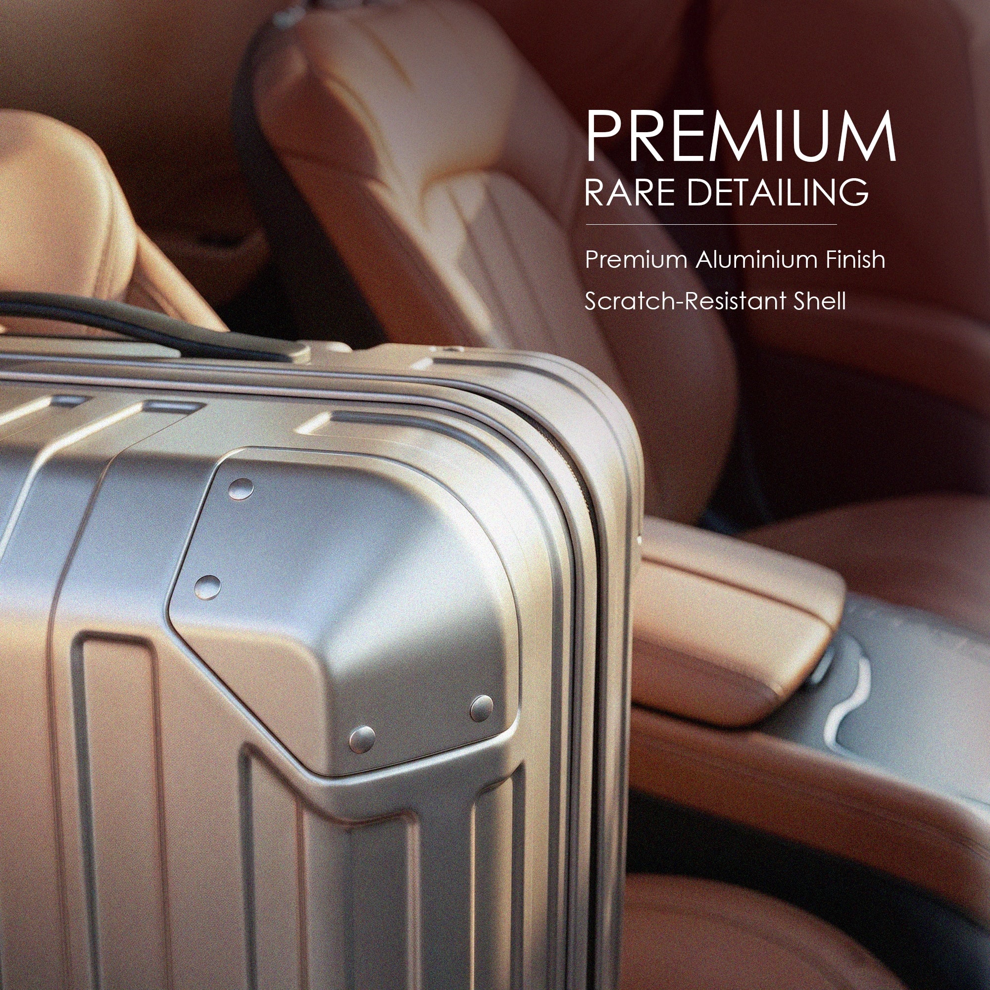 Silver suitcase shell with premium detailing and scratch-resistant finish