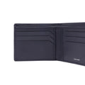 Black bi-fold leather wallet with card slot panels and small brand mark at right.