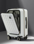 Off-white polycarbonate cabin trolley with quilted front panel and four spinner wheels