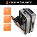 Silver trolley bag with front open compartments and orange-trim zipper, four wheels.