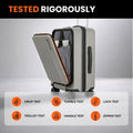 Silver twill trolley suitcase with side compartment open and interior divider visible