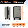 Gray cabin trolley with laptop-sized front panel, four wheels, top handle, side view.