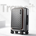 Silver hard-shell trolley suitcase with laptop compartment, patterned front, four spinner wheels