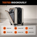 Silver and black trolley suitcase with laptop compartment, wheels and zippers