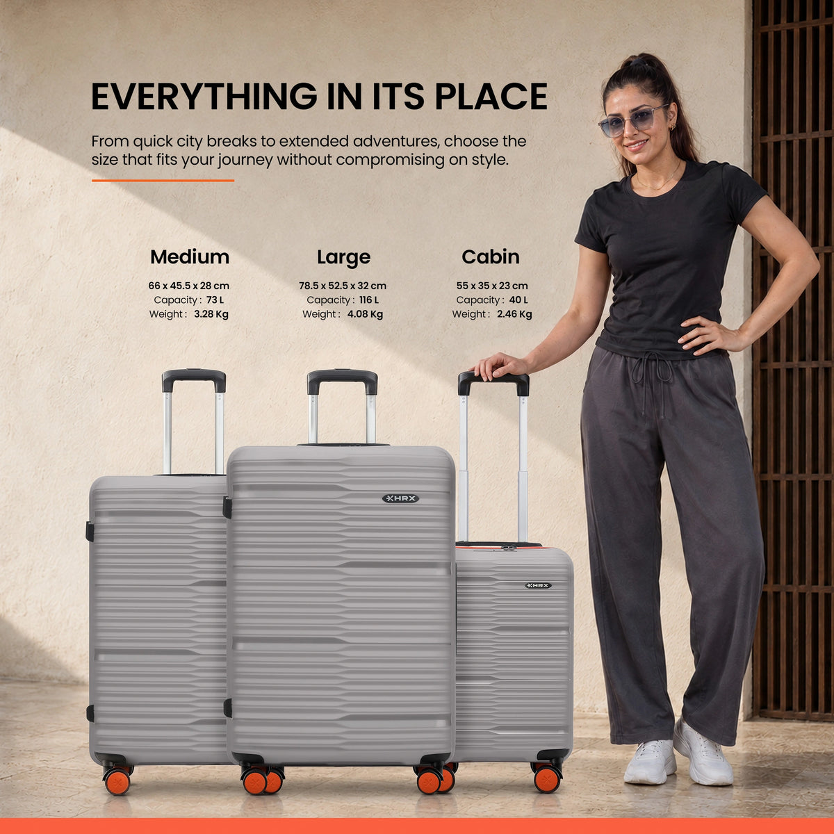 Set of three check-in suitcases in grey with telescopic handles and 8 spinner wheels