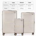 Beige hard-shell wheeled luggage shown in large, medium, and cabin sizes