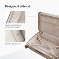 Beige hard-shell trolley interior with lining, pockets, and snap buckle closure
