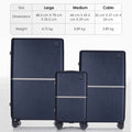 Dark blue hard-shell polycarbonate luggage set: large, medium, and cabin with dual wheels