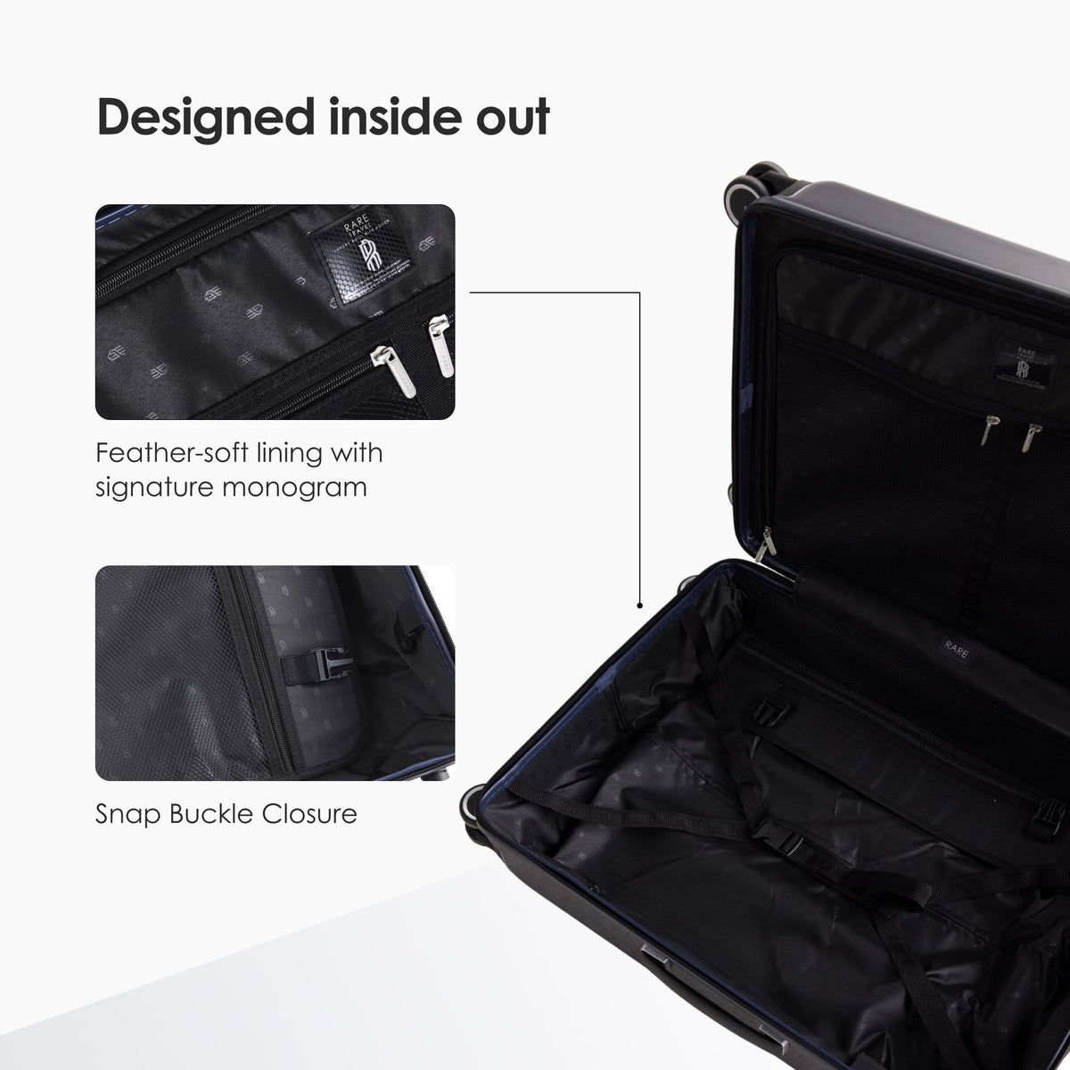 Open dark suitcase showing lined interior, snap buckle closure, and interior pockets
