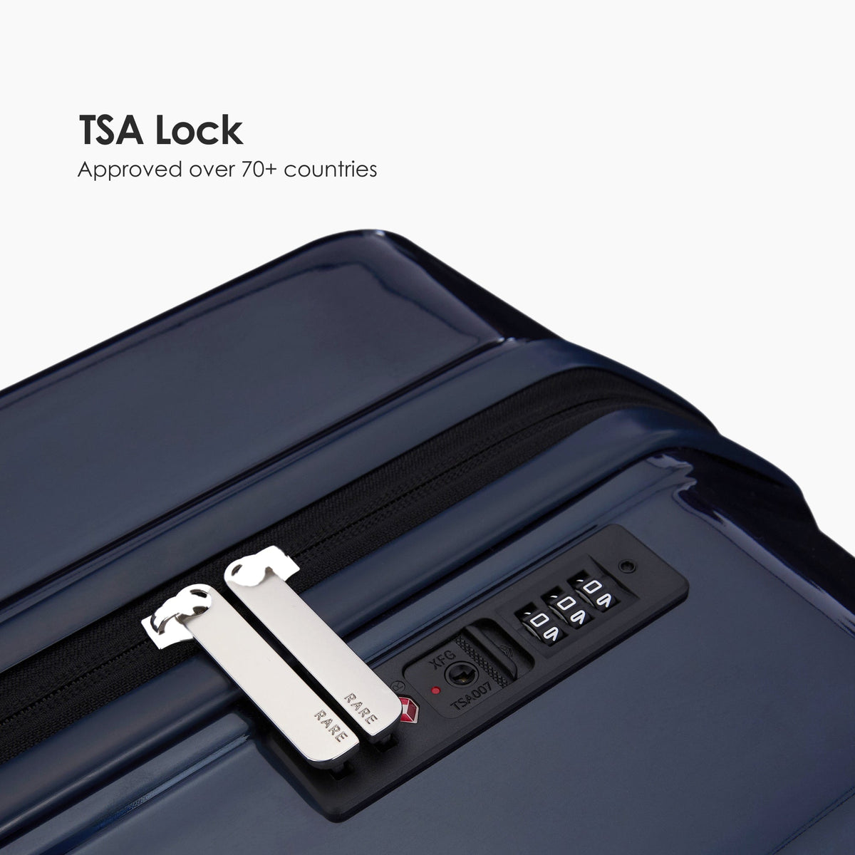 Dark blue polycarbonate suitcase with TSA combination lock and zippered compartment