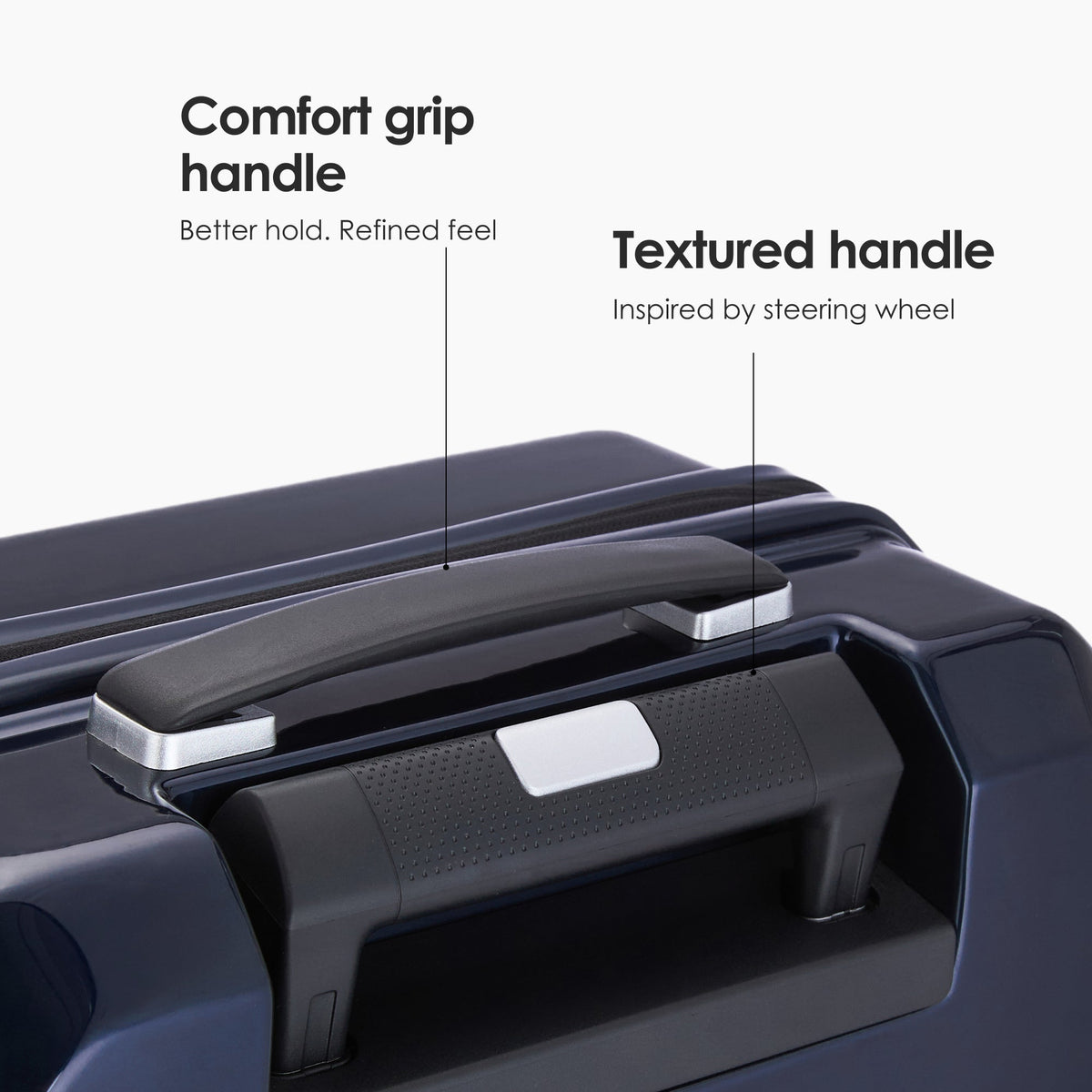 Dark blue suitcase with comfort-grip textured handle on top