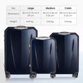 Three sizes hard-shell polycarbonate trolley suitcases (large, medium, cabin) with wheels