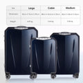 Navy hard-shell polycarbonate trolley suitcase set: large, cabin, and medium sizes