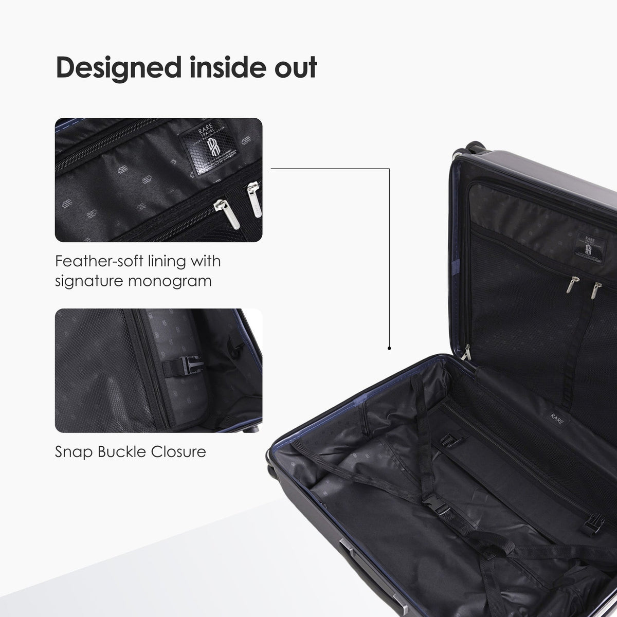 Navy polycarbonate suitcase interior with zip compartments and soft lining