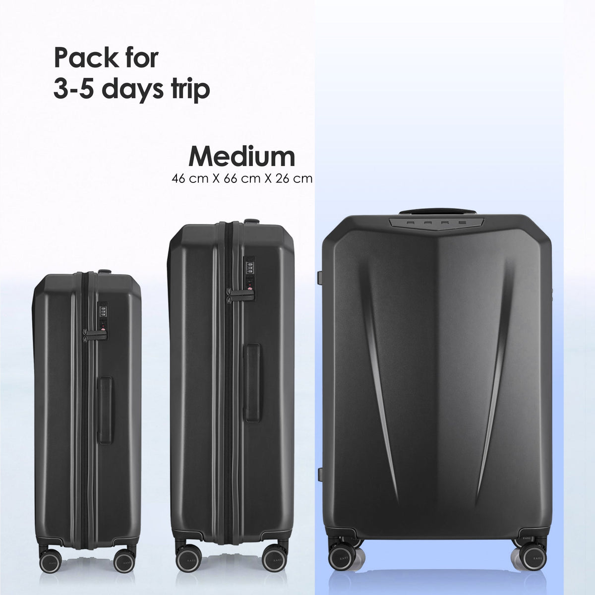 Medium hard-shell suitcase with four spinner wheels and carry-ready profile