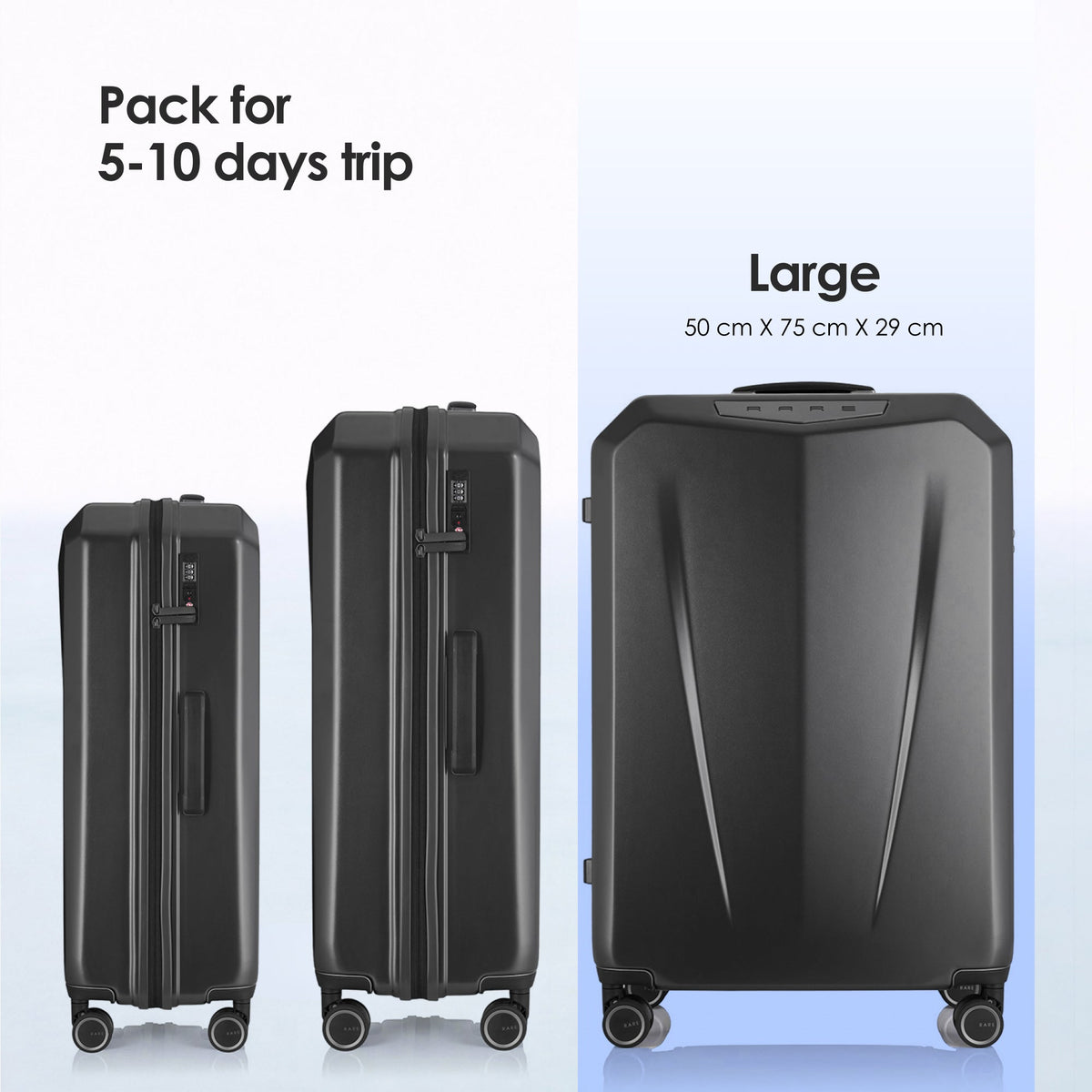 Three dark gray suitcases together: compact, medium, and large with spinner wheels