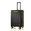 Black cabin trolley suitcase with upright handle and 8 spinner wheels, polycarbonate shell.