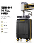 Black cabin trolley suitcase with extended handle and yellow edge accents, 8 spinner wheels.
