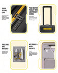 Cabin trolley suitcase with combination lock keypad and lightweight push-button handle.